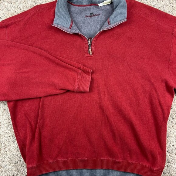 Tommy Bahama Sweater Adult XL Red Gray 1/4 Zip Pullover Mens Causal Cotton - Picture 1 of 7